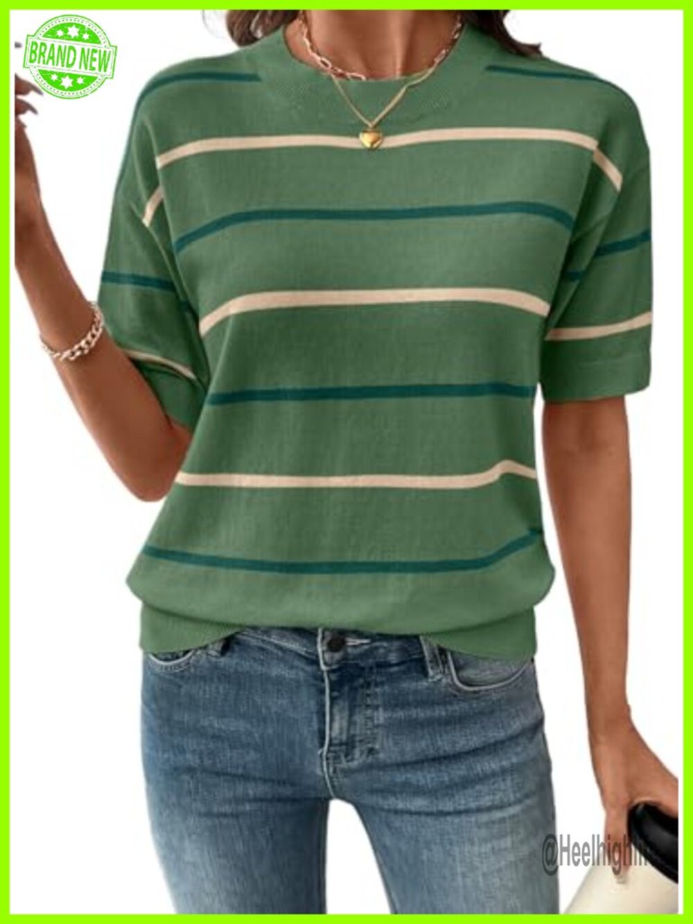 Women's Striped Crewneck Short Sleeve Knit Sweater Pullover